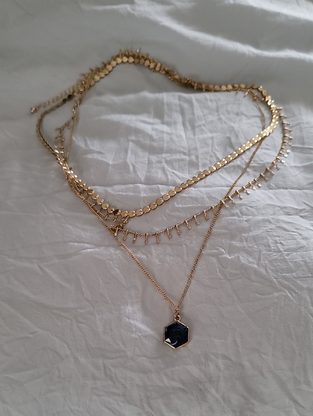 Layered Gold Necklace with Blue Hexagon Pendant
